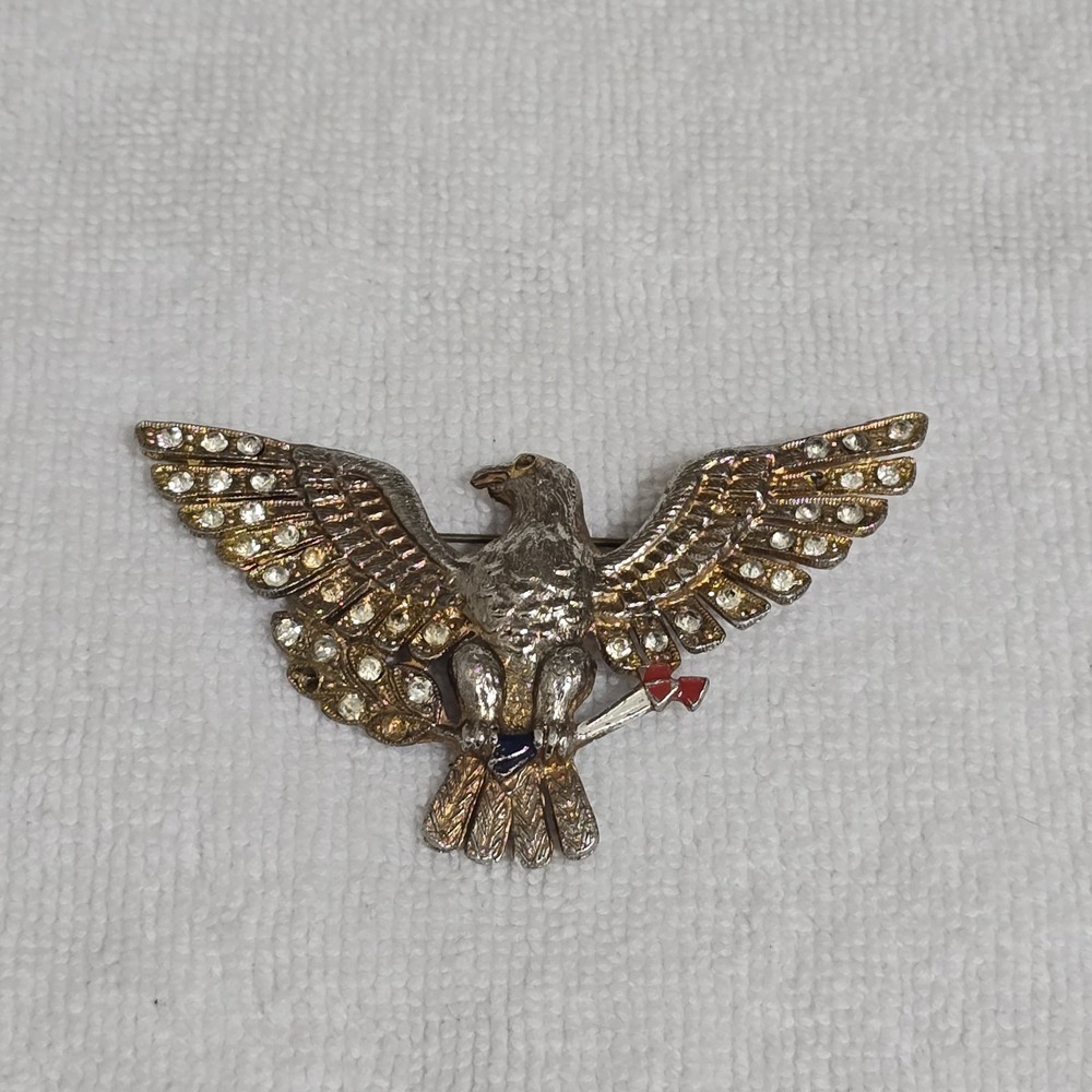 Vintage Rhinestone Patriotic Bald Eagle Silver Gold Tone Pin Brooch Pin USA